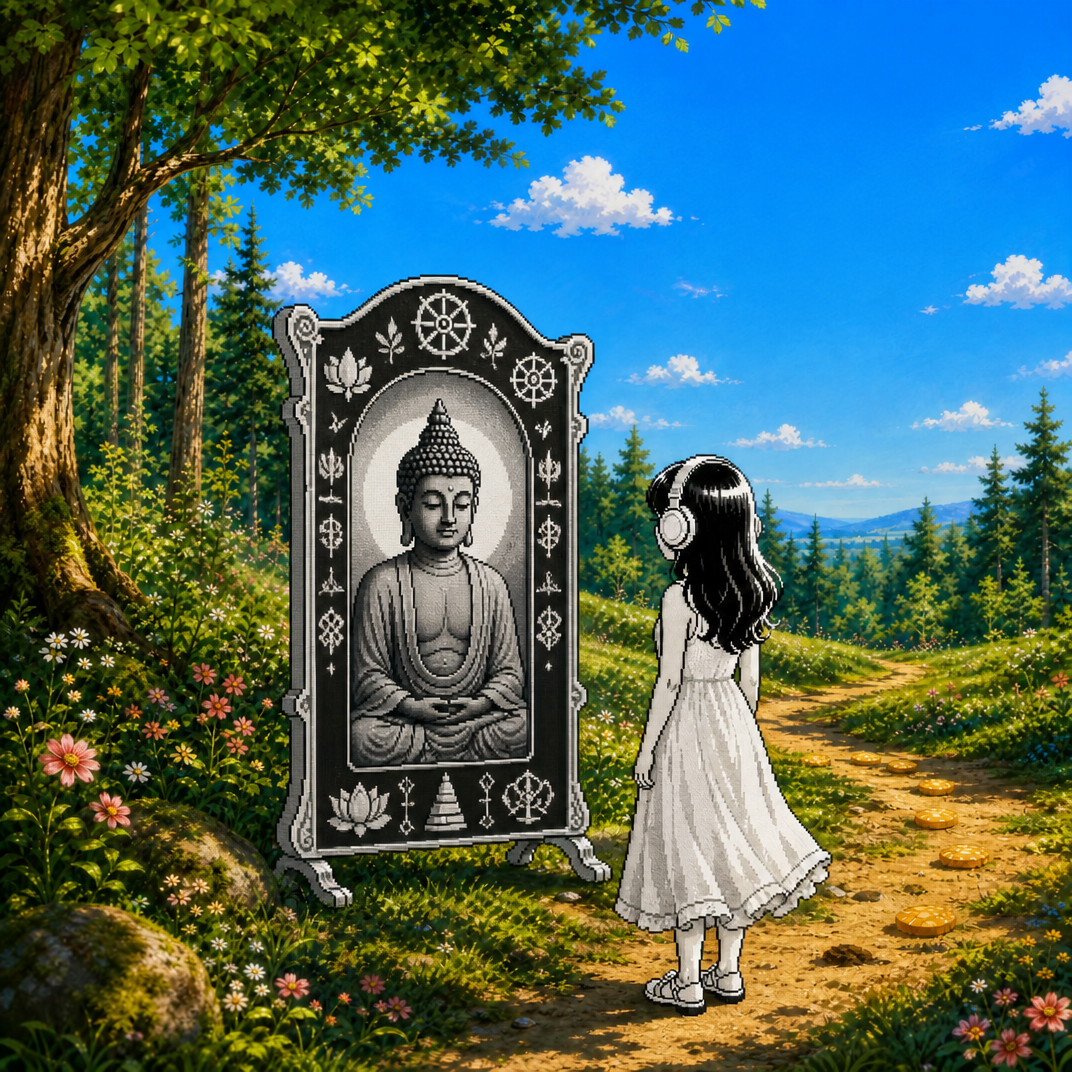 A black-and-white pixel-art girl standing before a shrine-like mirror containing a seated Buddha, surrounded by a vivid sunlit forest.